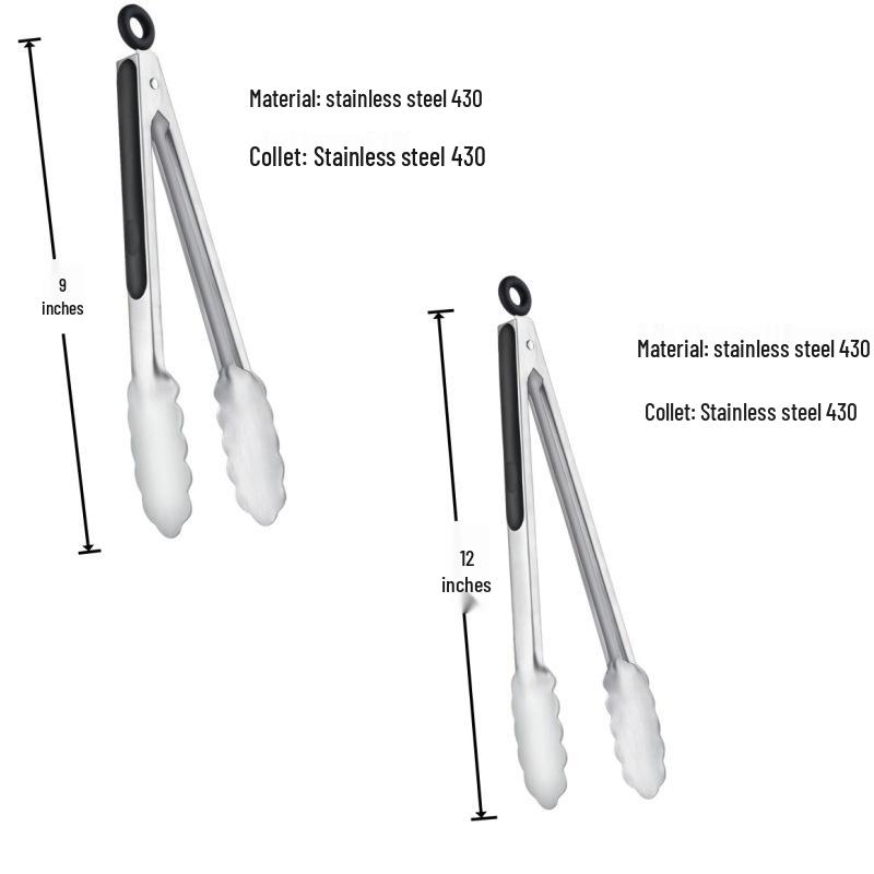 Silicone & Stainless Steel High-Temp Resistant Food Tongs, 9" & 12" BBQ & Bread Tongs