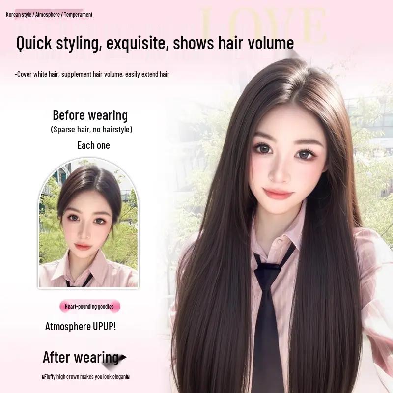 Women's Black Long Straight Seamless Synthetic Wig for Daily Use