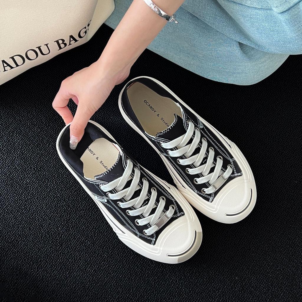 Broken Code Picking Up Leaks [a Pair of Dual-purpose] Thick-soled Lace-up Open Smile Canvas Shoes Women's 2025 New Versatile Little White Shoes