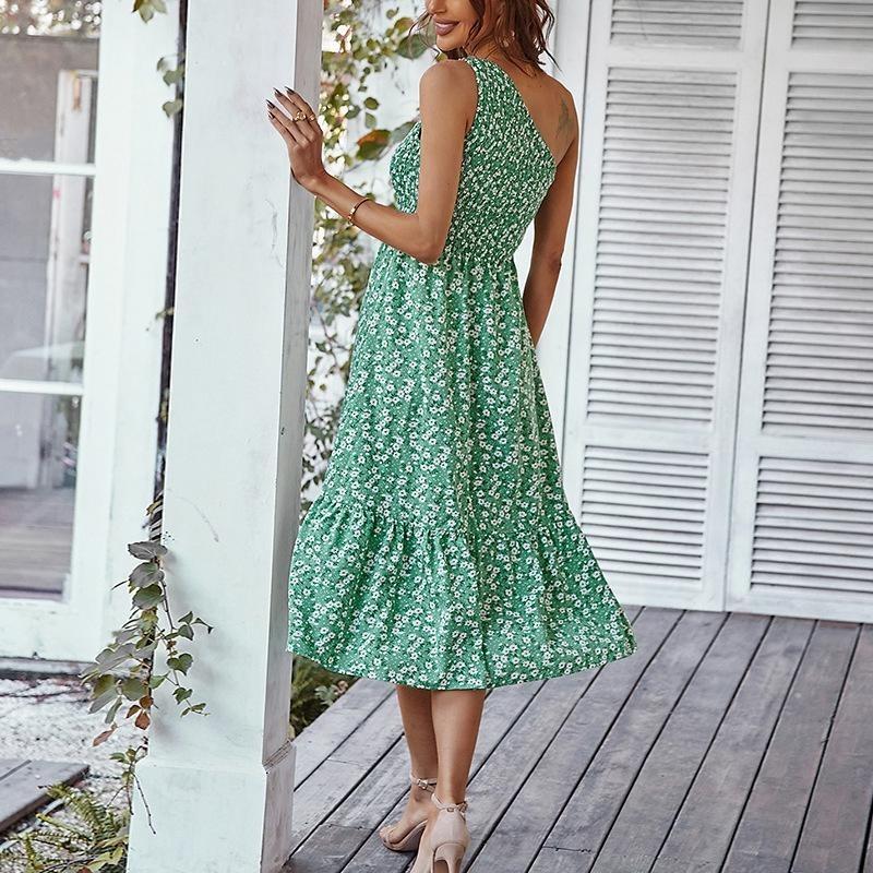 Jaro Léto Květinový potisk Šikmá ohlávka přes ramena Dlouhé šaty Dámské Běžné A-Line Asymetrické Bez rukávů Šikmá ramena Vysoký Pas S-XL