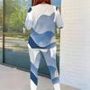 Women Plus Size Round Neck Long Sleeve Blue White Printed Fitted Two Piece Pants Set