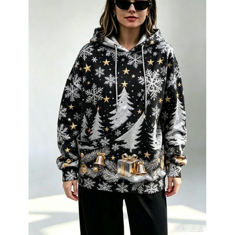 Womens Oversized Christmas Hoodie With 3D Print Loose Fit Large Slant Pockets Long Sleeve Holiday Party Casual Wear