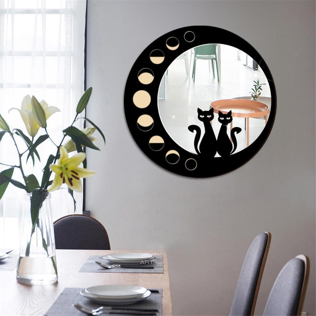 Cat Wood Mirror Wall Decor Art, Cute Cat Wooden Framed Acrylic Mirror Wall Stickers, Boho Black Cats Moon Phase Decorative Mirrors, Wooden Aesthetics