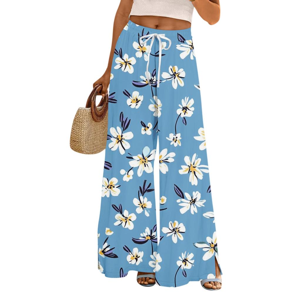 Women's Casual Wide Leg Pants Stretch Belt Pocket Floral Print Adjustable Tie Pants