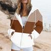 Loose Fit Women Jacket Fall Winter Hoodie Zipper Closure Casual Breathable Striped Coat with Pockets Drawstring Hooded Long Sleeves Top