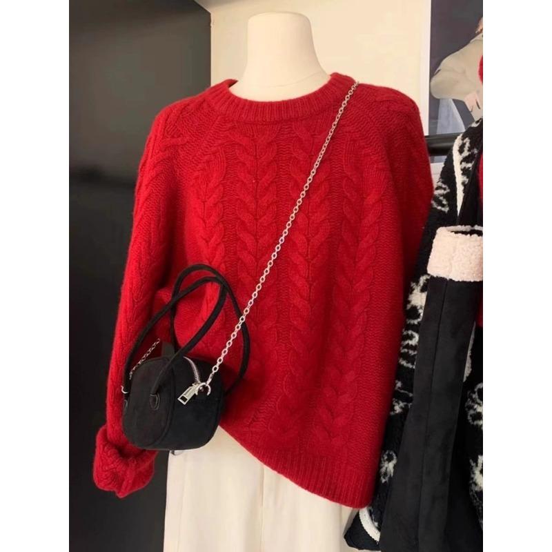 

Рождественская жизнь Новогодний красный Высококачественный свитер с косами Женский Осенне-зимний Свободный Мягкий Восковой Ленивый Вязаный свитер Топ one size fits all красный