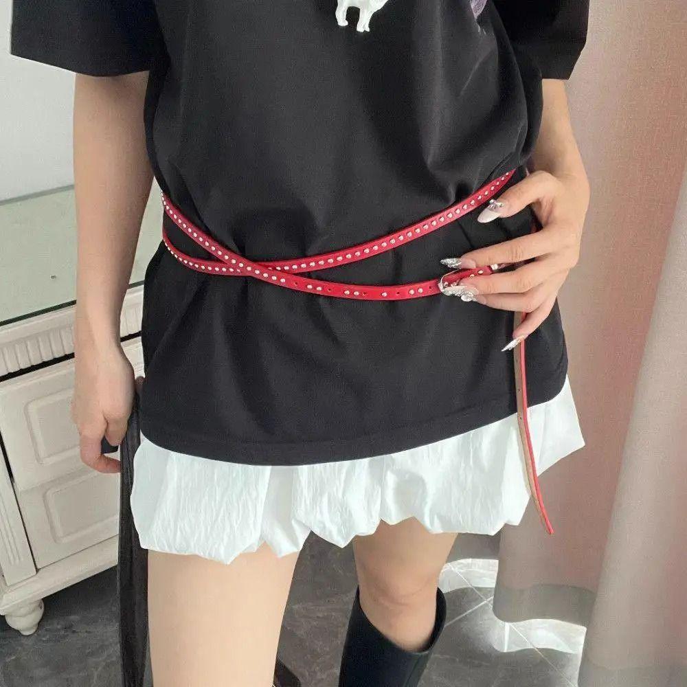 Gothic Long Double-layer Belt PU Leather Y2K Belt Trend Rivet Belt Skirts Waistband
