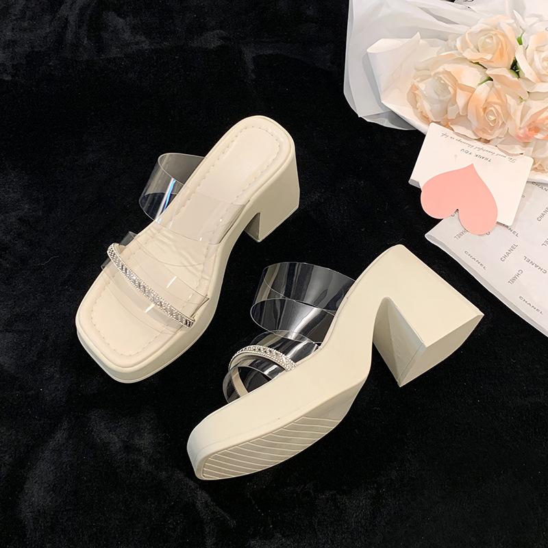 French Rhinestone Thick-soled Thick-heeled Cool Slippers for Women's Summer Wear 2025 New Fairy-style Transparent High-heeled One-word Slippers