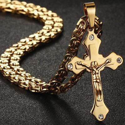 Männer Byzantinischen Metall Schnitzen Jesus Kreuz Anhänger Halskette Multilayer Edelstahl Kristall Link Kette Halskette colar collier