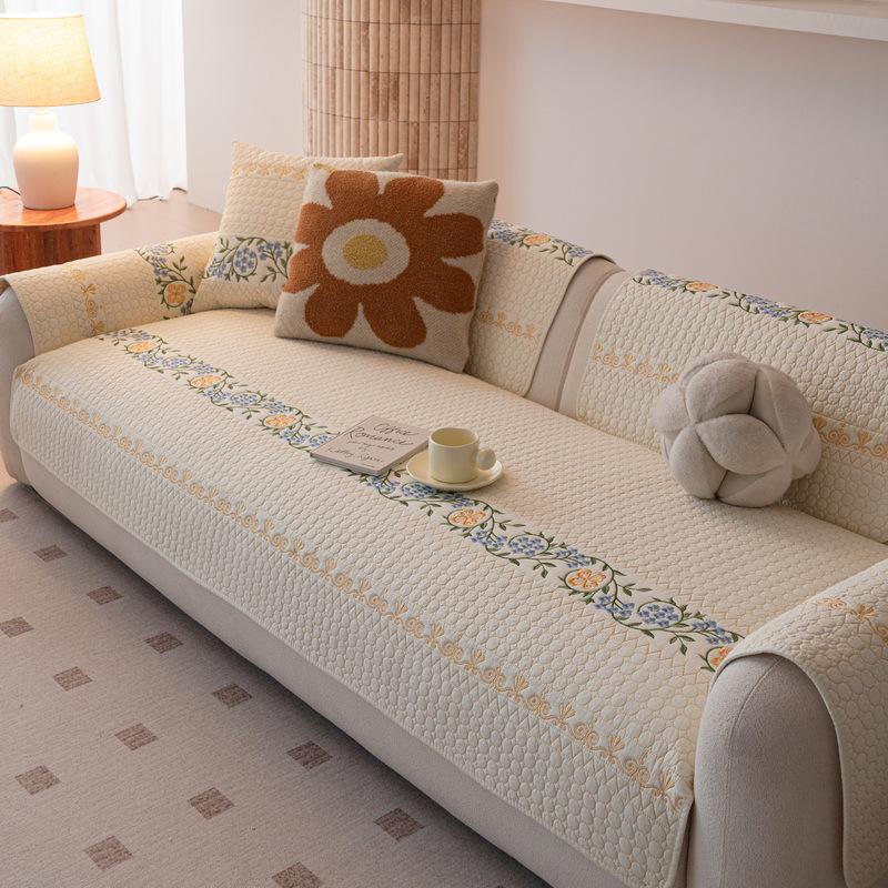 Washed Cotton Embroidered Couch Cushions Fixed Anti-slip Particles Sofa Cover Straight Three Person Fabric Sofa Leather Couch Quilted Protective Pad