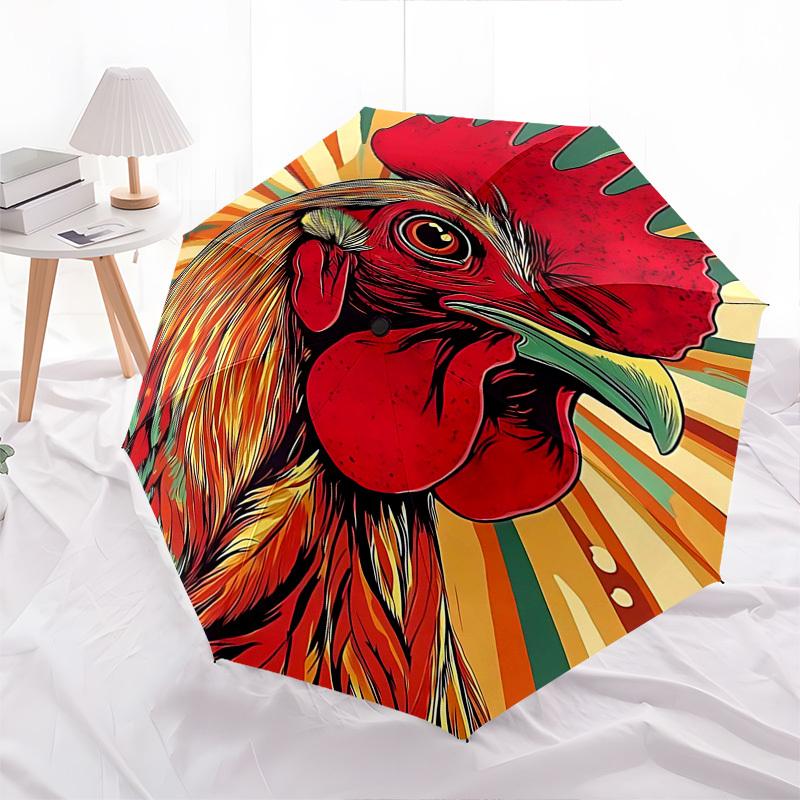 1pc Colorful Rooster Design Automatic Opening/Closing Umbrella with Foldable Design, Iron Frame, Outdoor Use, Festival Gift, Suitable for Fans, Travel
