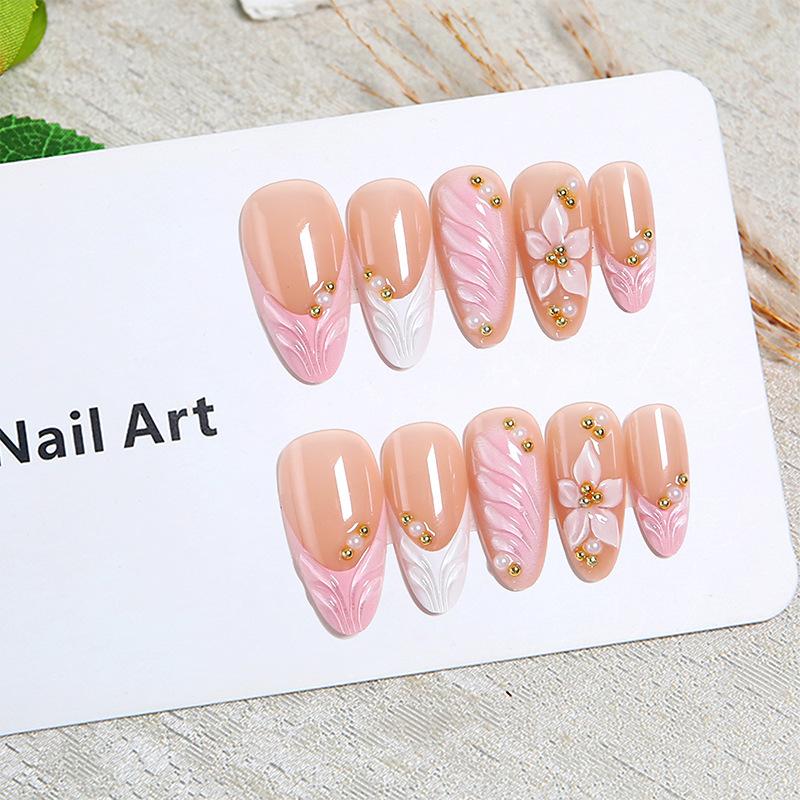Cross-border Hot-selling Wearing Nail Gentle Naked Powder Relief Flower Pointed Nail Light Luxury Gold Bead Temperament Finished Nail Wholesale