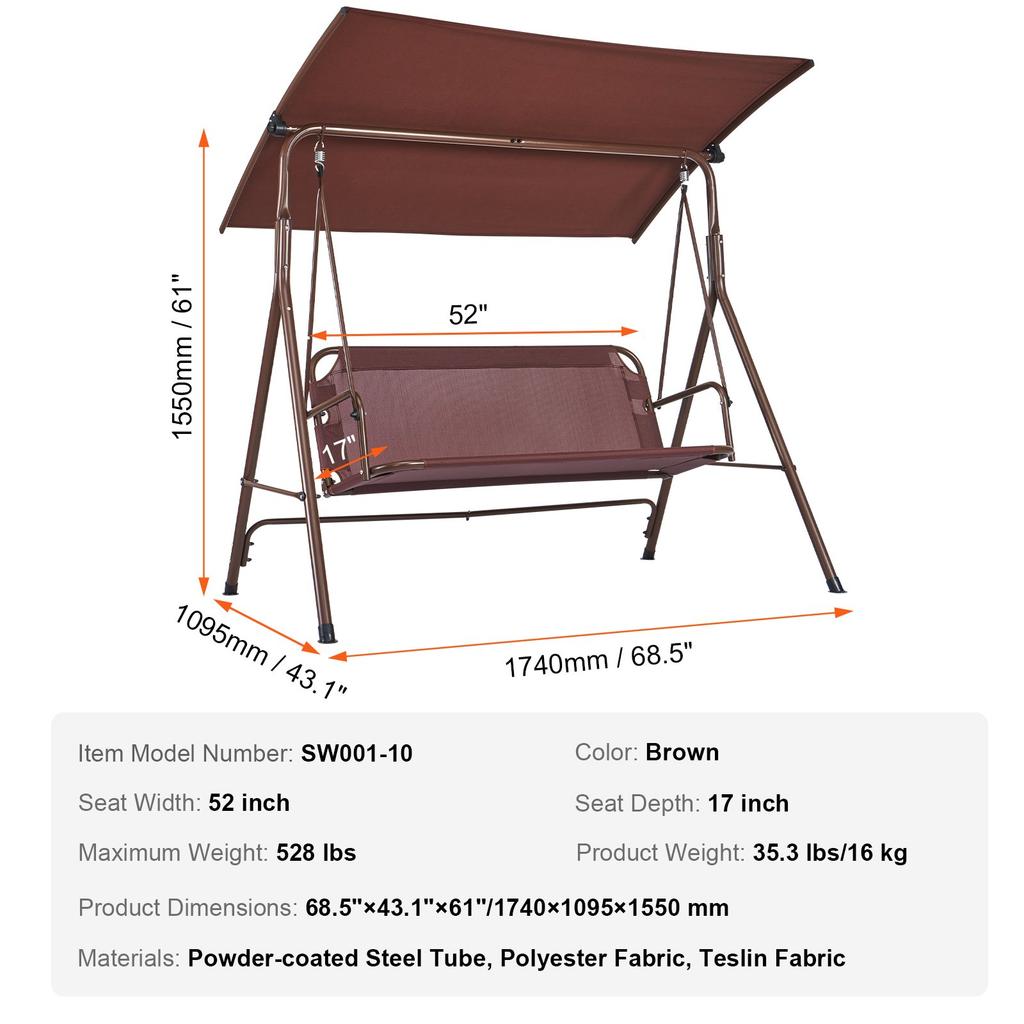 VEVOR 3-Person Patio Swing Chair, Outdoor Patio Swing with Adjustable Canopy, Porch Swing with Armrests, Teslin Fabric and Alloy Steel Frame
