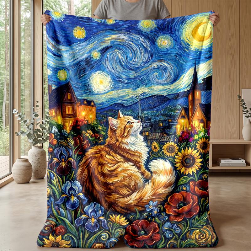 Orange Cat Family Theme Blanket Lightweight Warm Flannel Blanket Decorative Throw Blanket for Home Decoration