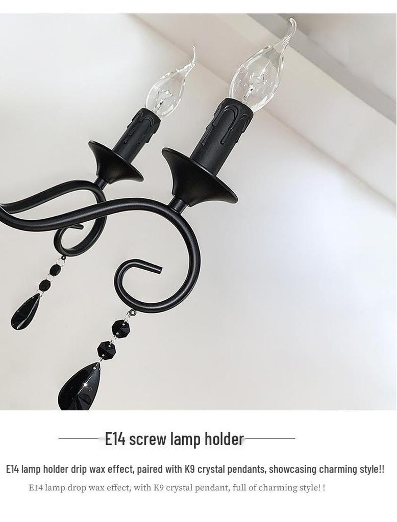 French Retro Black Wrought Iron Crystal Chandelier for Living Room, Dining Room, or Bedroom