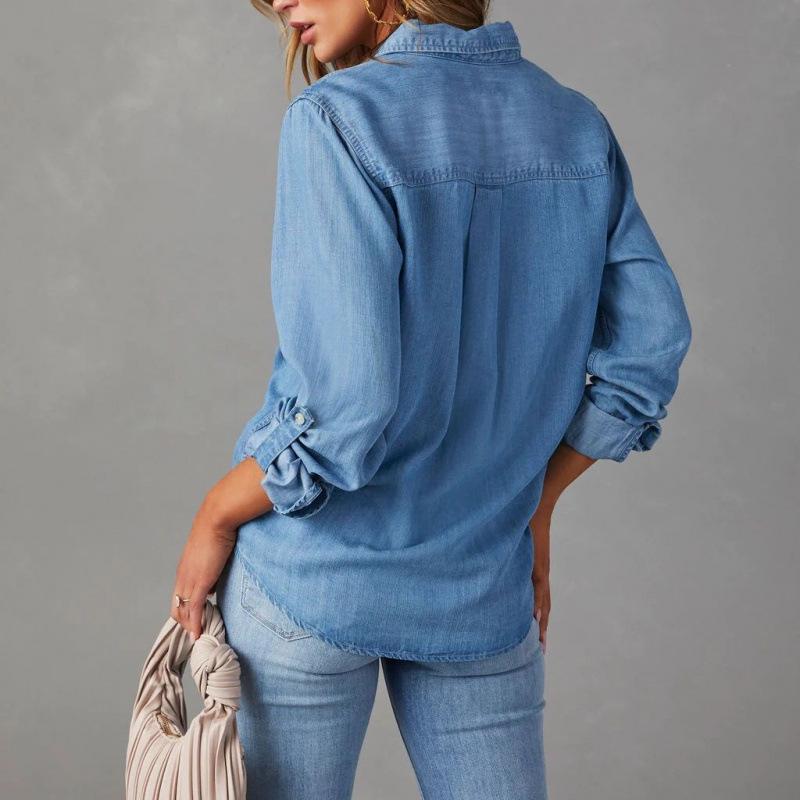 Simple Versatile White Denim Long Sleeve Casual Shirt for Women
