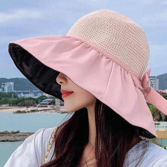 Sun Hat Large Brim Foldable Hollow Breathable Floppy UV Protection Bow Tie Decor Women Sunscreen Summer Hat Beach Cap for Outdoor