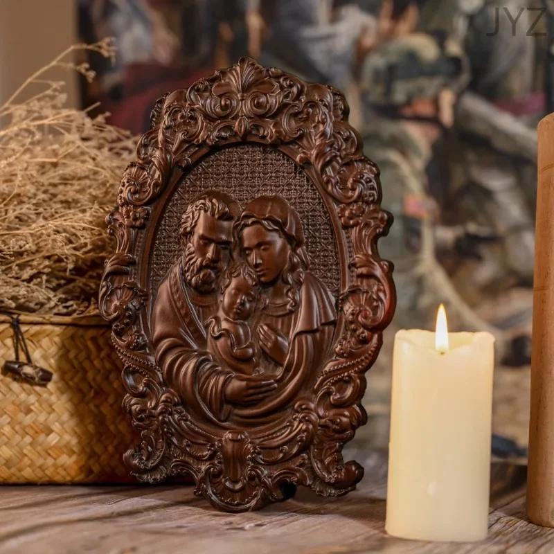 Religious Holy Family Wooden Icons Catholic Home Wall Decor, Wood Carved Byzantine Icons Gifts