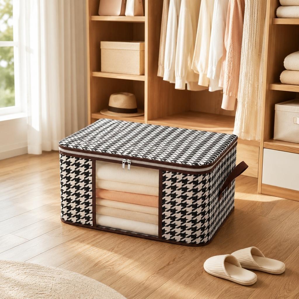 Large Capacity Storage Bag with Transparent Window Rectangular Organizer for Clothes and Quilt 60x40x30cm Fabric Zipper Closure Handle