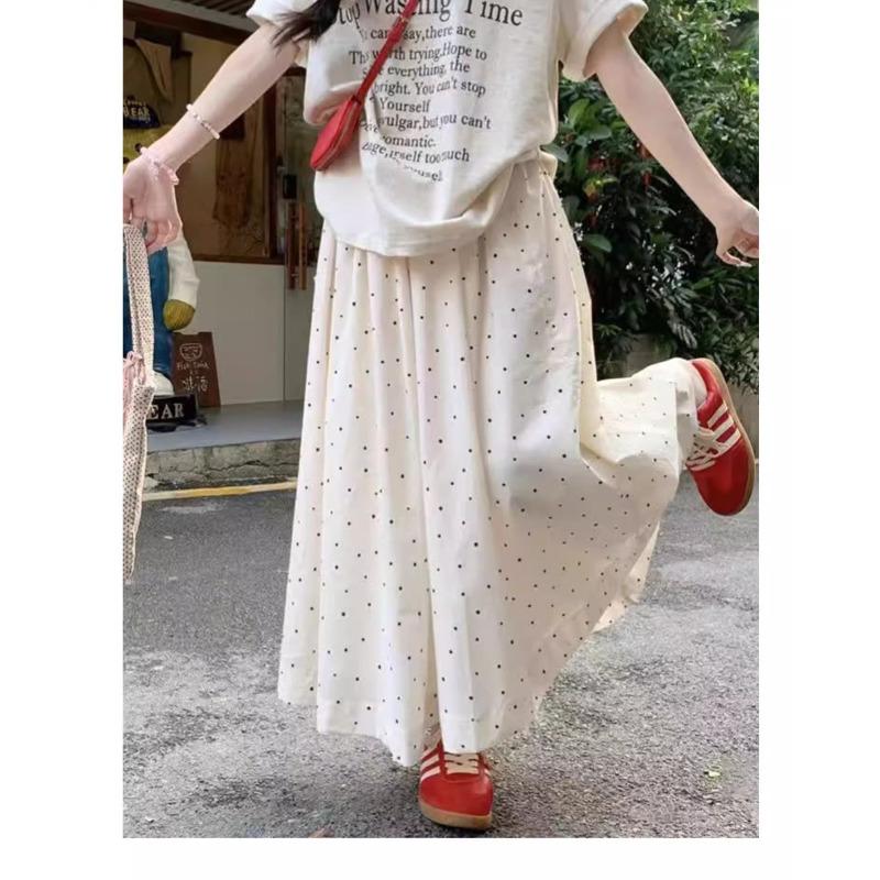 

Белая юбка в горошек Женская летняя новая с высокой талией и тонкая А-силуэта длинная юбка Корейский ленивый стиль Юбка-торт XL
