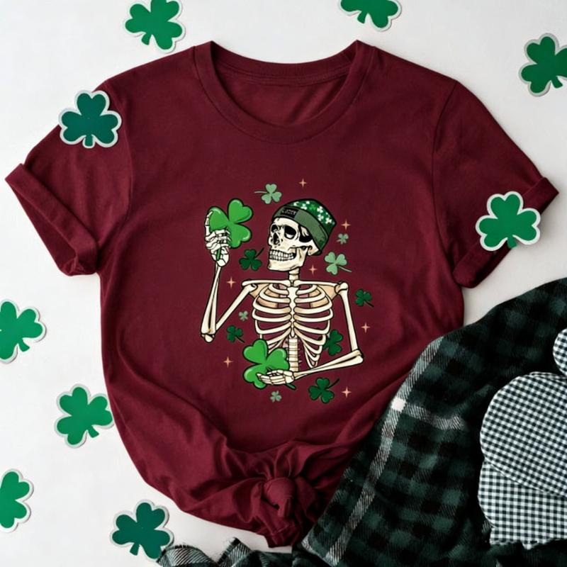 Patricks St Pattys Skeleton Dancing Funny Irish Shirt Saint Day Shamrock Unisex Graphic Tshirts Crewneck Regular Short Sleeve