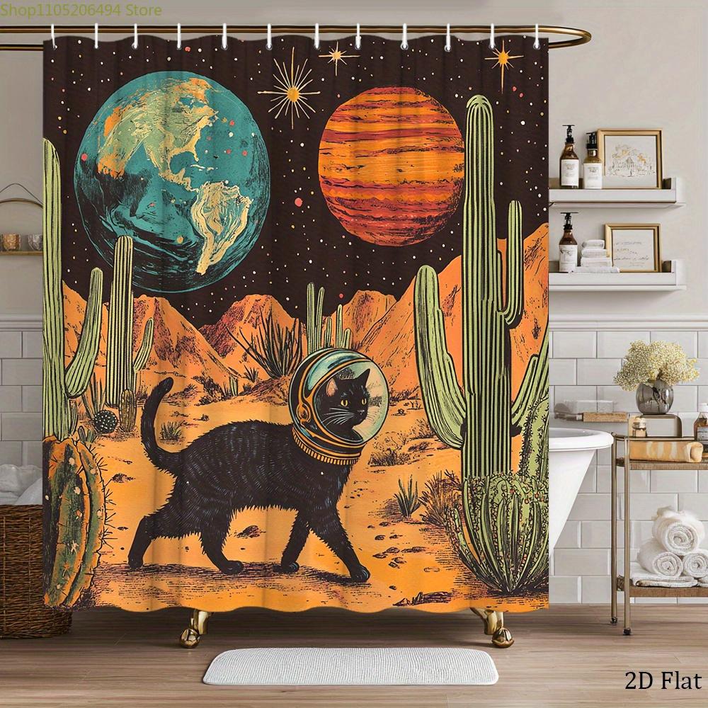 1pc Vibrant Easy to Clean & Install Retro Space Cat Shower Curtain - Astronaut Feline on Desert Planet, 60s Style Polyester Fa