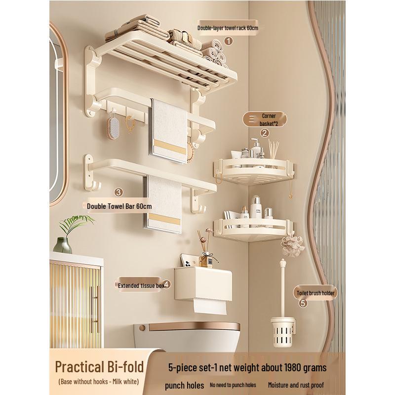 Milk White Punch-Free Wall-Mounted Aluminum Towel Rack Set for Bathrooms