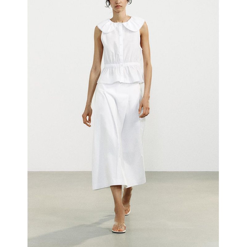 Small round Lapel Poplin Sleeveless Tops 3016290 Pleated Fashion Mid-Length High Waist Midi Dress 1255444