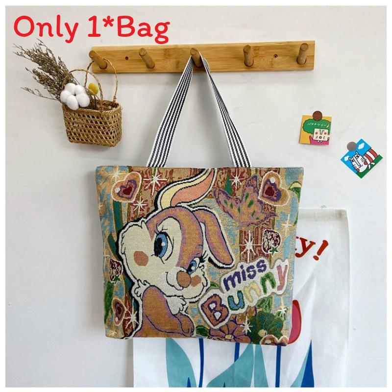 Elephant Hello Kitty Butterfly Embroidered Canvas Tote Bag With Seamed Stitching For Daily Use