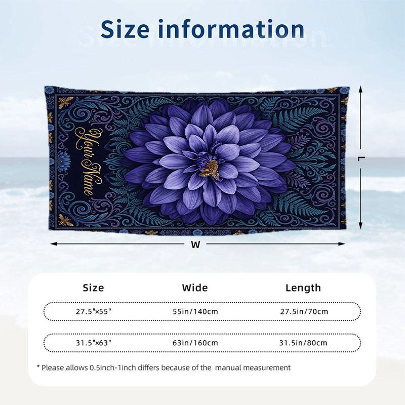 Purple Floral Art Theme Quick Dry Beach Towel Custom Name Text Print Large Sand Resistant Towel Beach Vacation