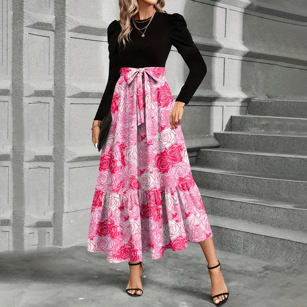 Modisches und elegantes Kleid mit Blumendruck und hoher Taille für Damen
