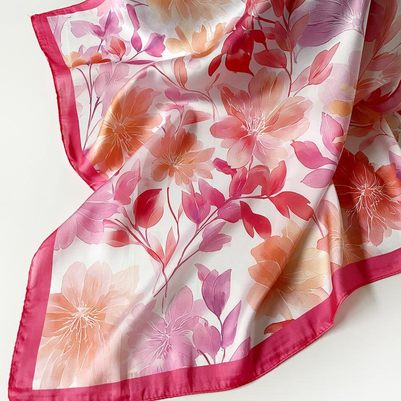 French Fresh Small Square Scarf Floral Printing Silk Scarf 70 Imitation Silk Satin Silk Scarf Commuter Scarf Waist Square Scarf Women