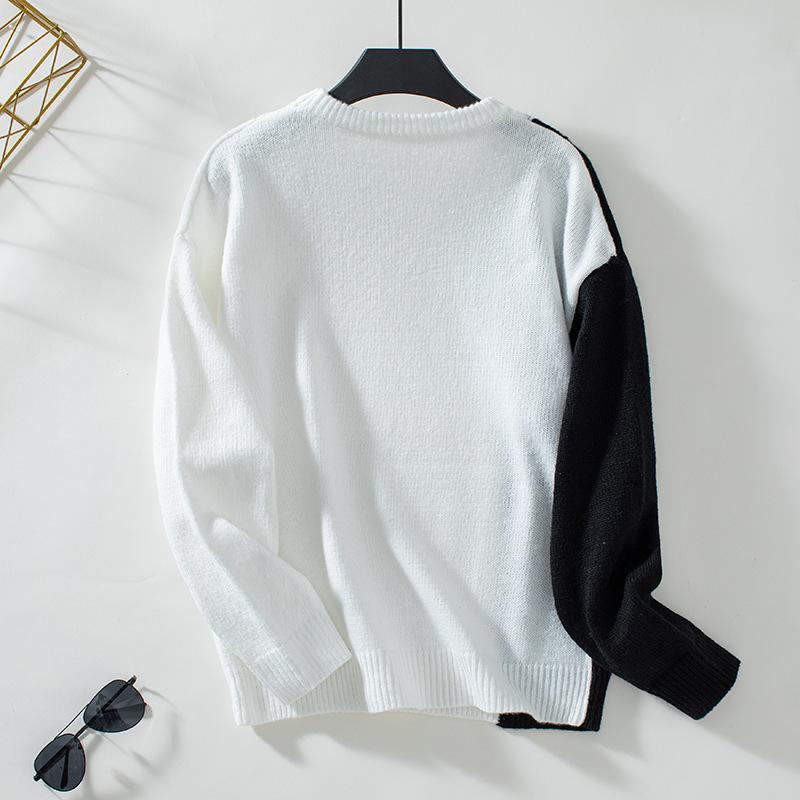 Women's Patchwork Contrasting Crewneck Sweater for Autumn and Winter Vintage Loose Knit Pullover Twist Sweater