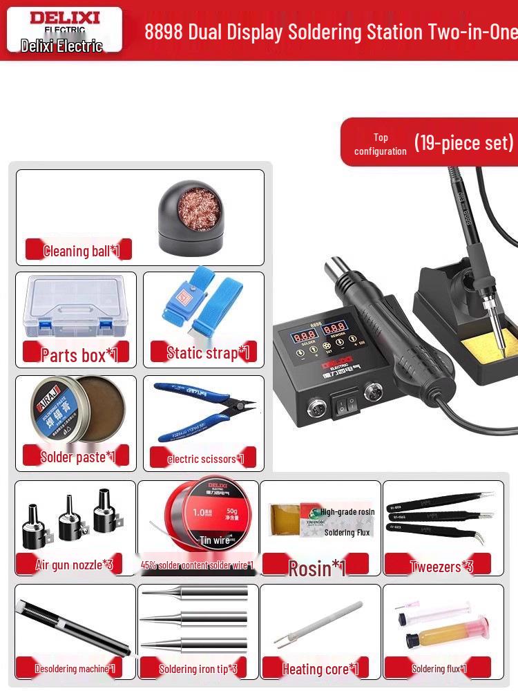 Delixi Electric 2-in-1 Soldering and Desoldering Station with Hot Air Gun and Worktable