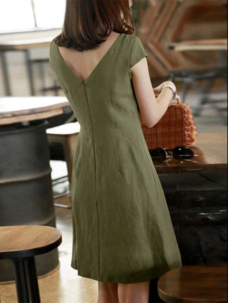 Women's Short Sleeve Casual Dress in Multiple Colors - Olive Green, Burgundy, Navy, Khaki