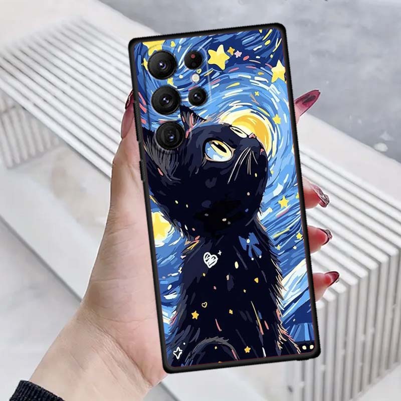 Cute cartoon cat illustration Phone Case For Samsung Galaxy S26 S25 S24 S23 S22 S21 S20 Ultra Plus FE 5G Black Soft TPU