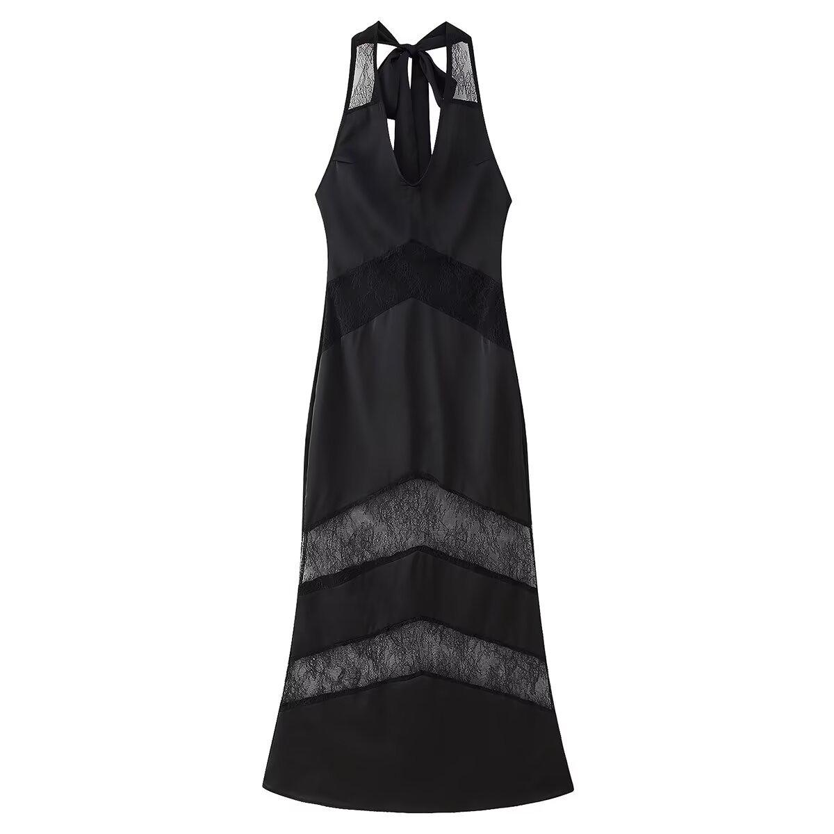 

2025 Spring Women s Black Lace Ribbon Dress - Euro-American Style Medium