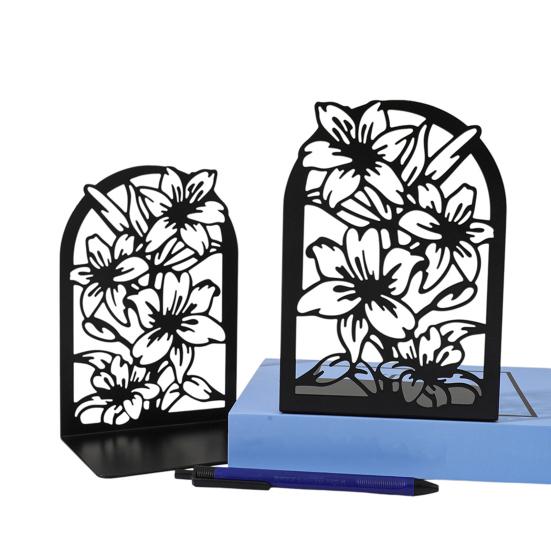 1 Pair Flower Metal Bookends Decorative Flower Vase Book Ends for Shelves Black