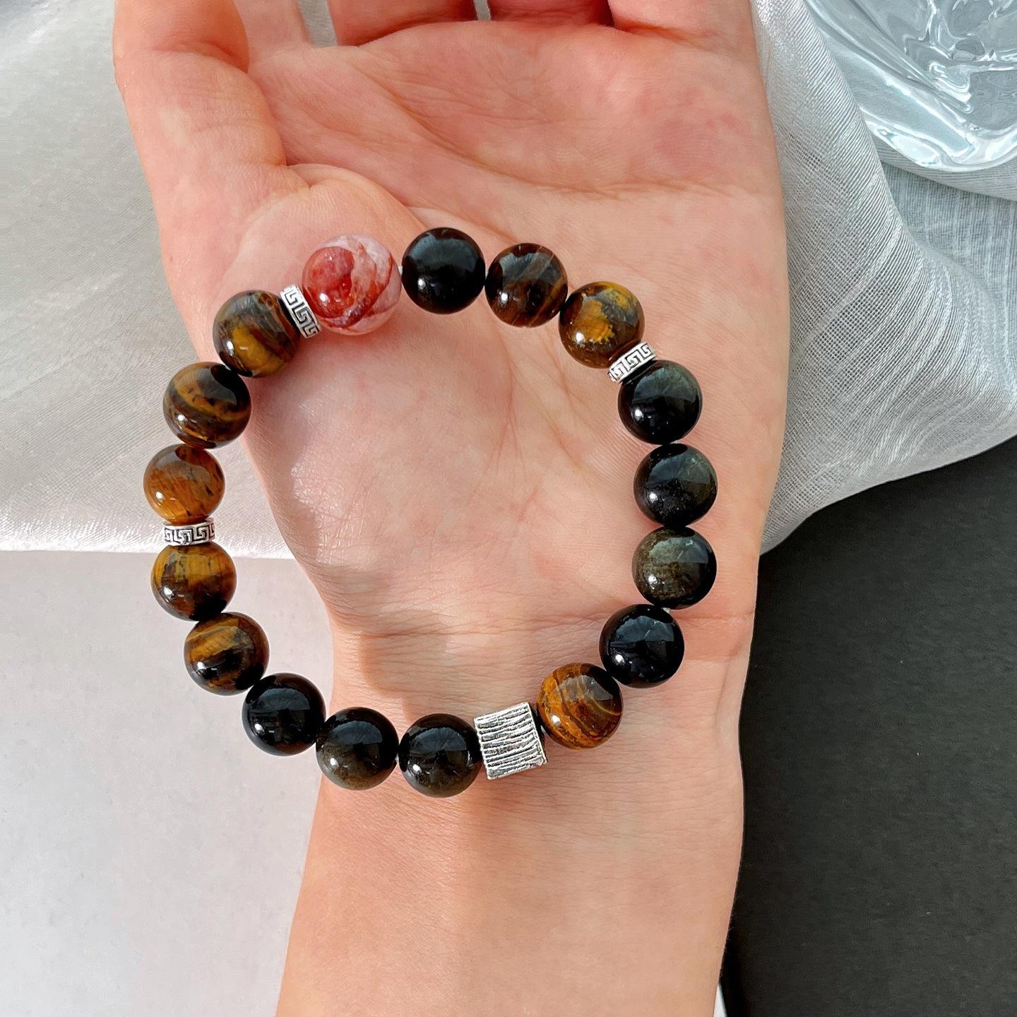 

Natural Tiger S Eye Stone Obsidian Red Glue Flower Design Bracelet