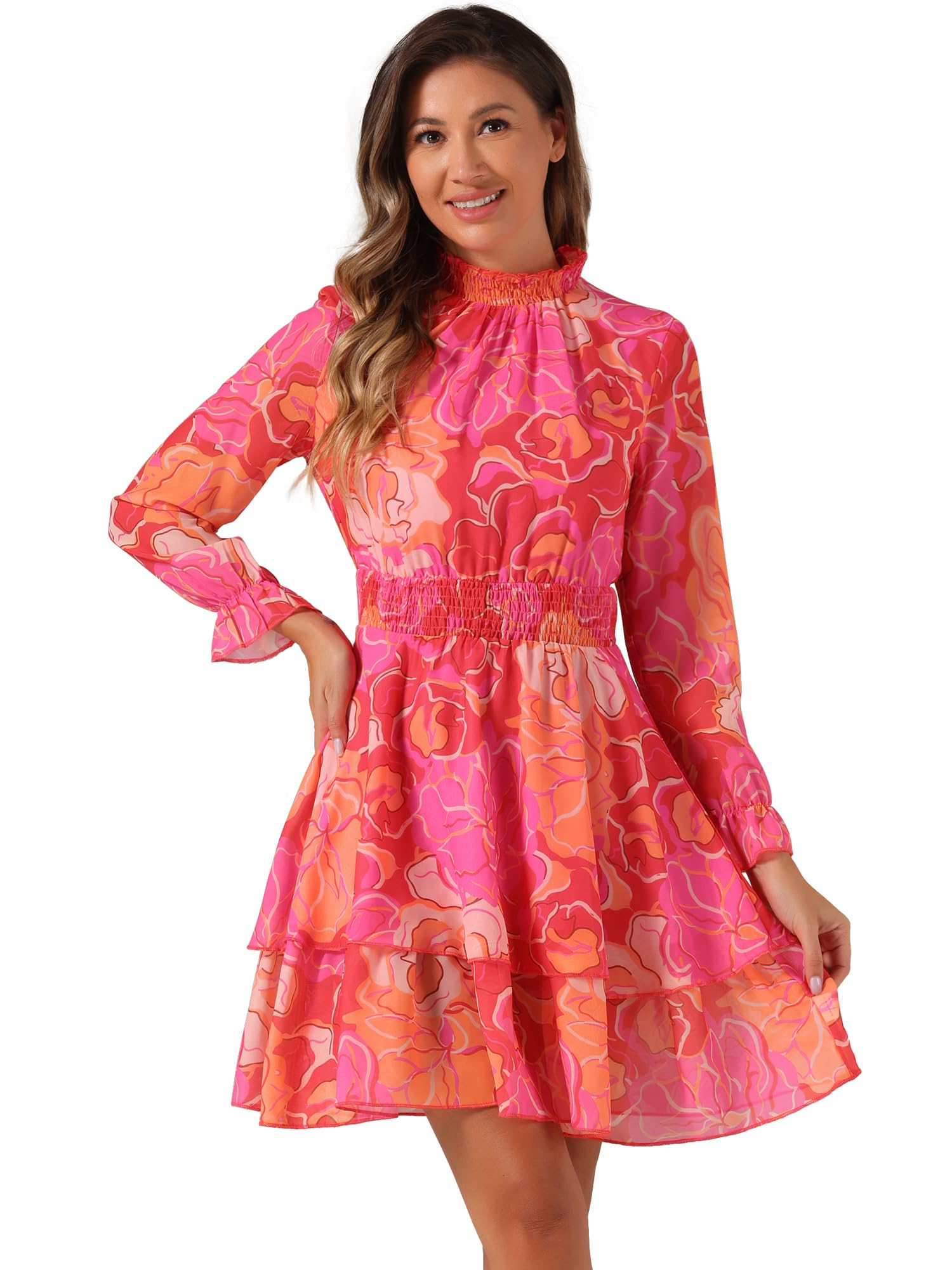 

Allegra K Women s Floral Chiffon Dress, Flared A-Line Dress with Long Sleeves, Slimming Casual Style, Hot Pink, Size S
