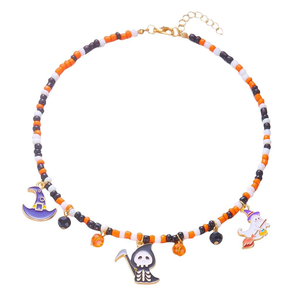 Halloween Pumpkin Beaded Pendant Necklace     Ornament Rice Bead Necklace Halloween Witch  Costume Accessories