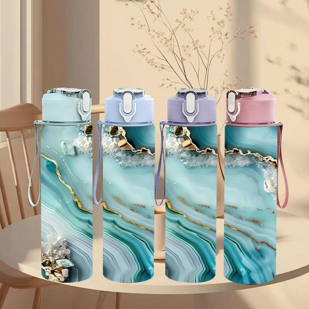 1PC Teal Gold Geode Marble Pattern 750ml Color Plastic Sports Water Bottle Leakproof Flip Straw Lid Suitable for Sports Office Home Use