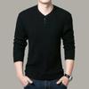Spring Autumn Korean Knitted Pullovers Slim Fashion Button Casual V-Neck Men's Clothing Solid Color Basic Long Sleeve T-shirts