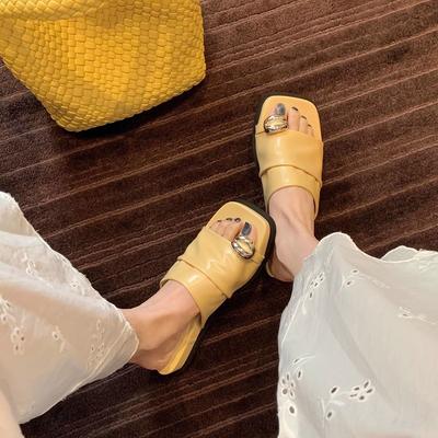 Grape Mother, the Same French Metal Buckle Fold Width One-word Set, Toe Slope Heel Sandals Square Head Casual Versatile Cool Slippers
