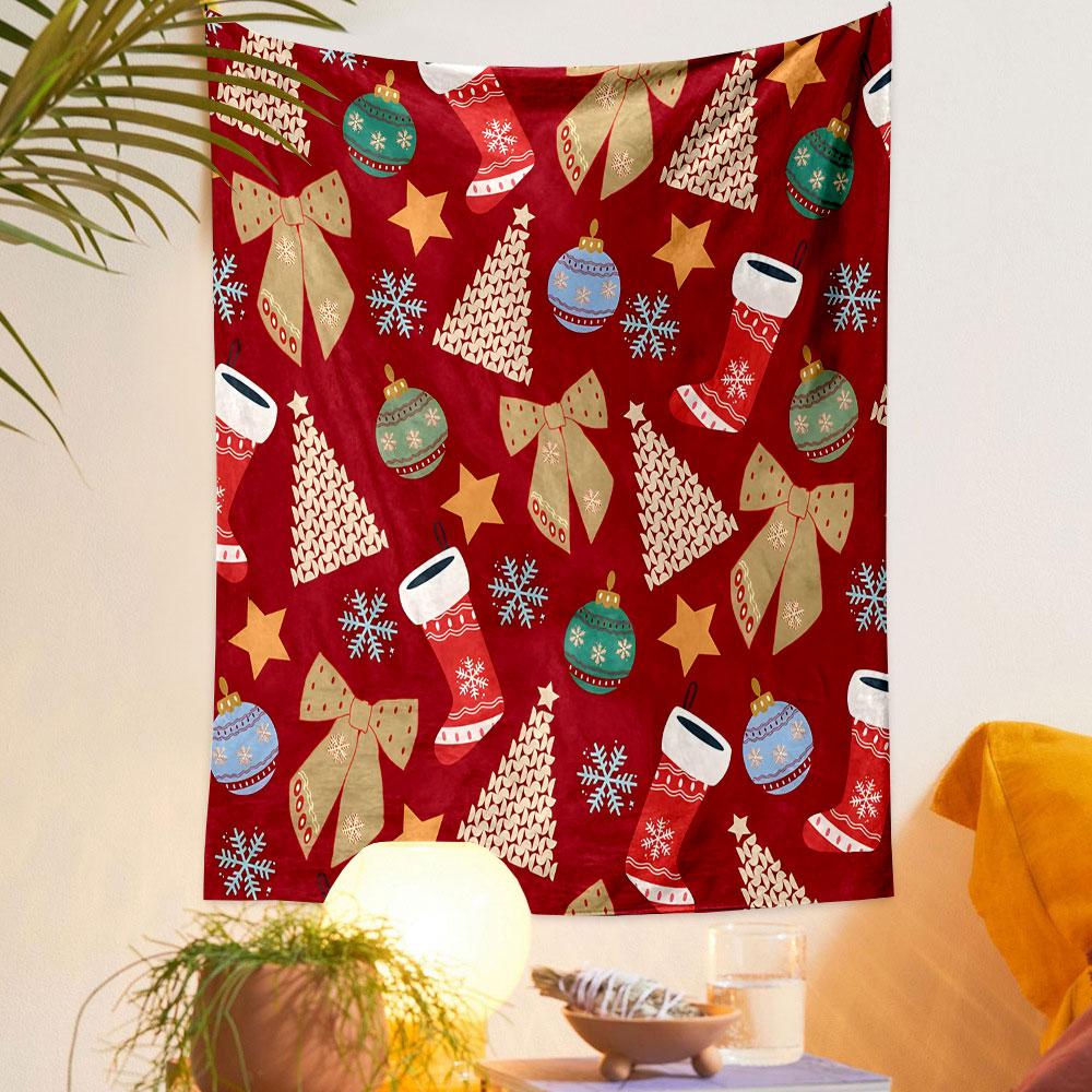 Christmas Patterns with Bow and Stockings Patterned Tapestry Decorative Wall Hanging, Home Bedroom Living Room Decor