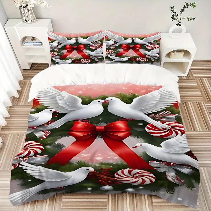 3pcs Christmas Holiday Wreath with Doves and Candy Canes, Festive Decoration Set Including One Quilt Cover and Two Pillowcases (No Core)