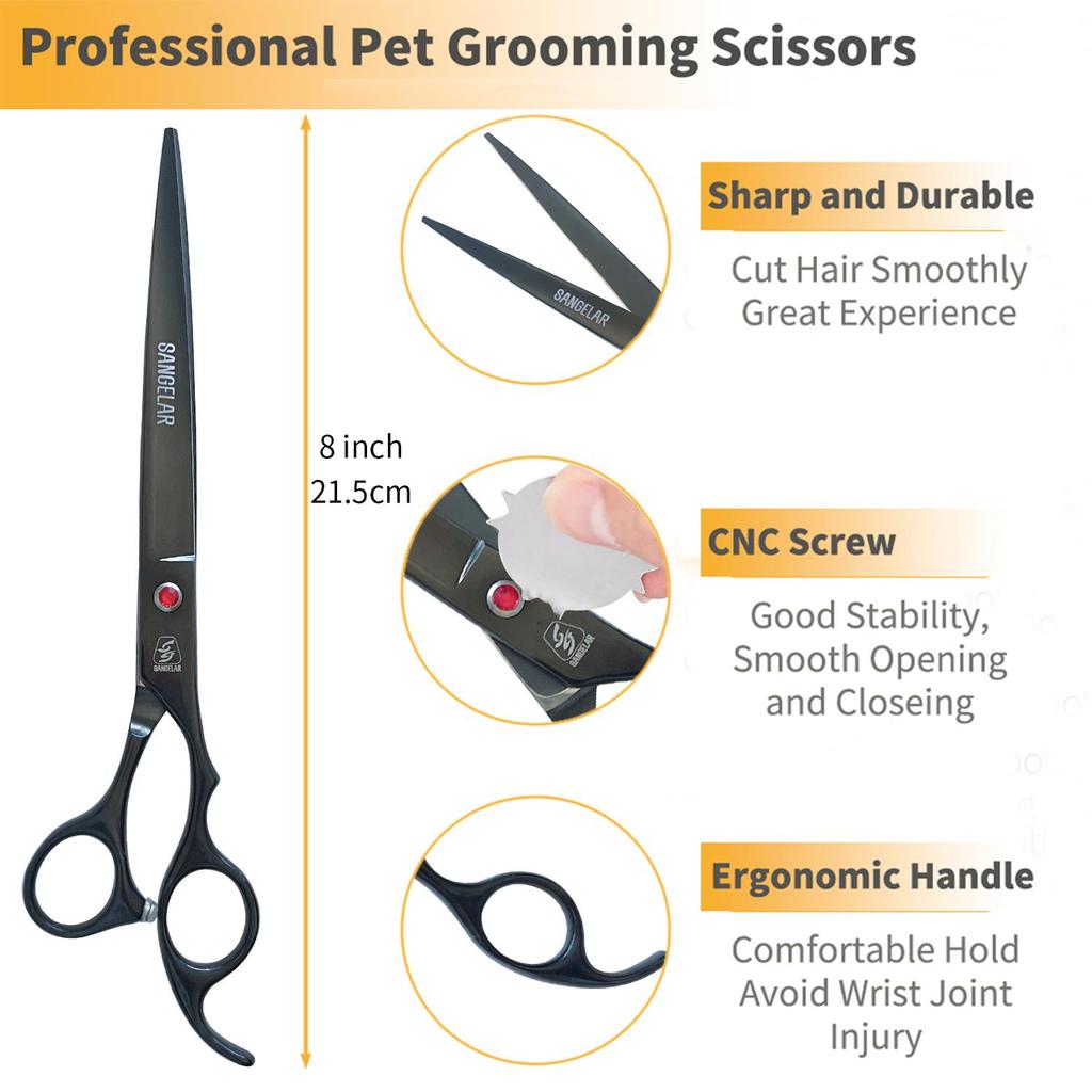 Sangelar 8 inch,7 inch Pet Scissors Set Professional Pet Grooming Big Scissors Set Cutting Shear Thinning Scissors 20%-50% Hair Loss Curved Scissors