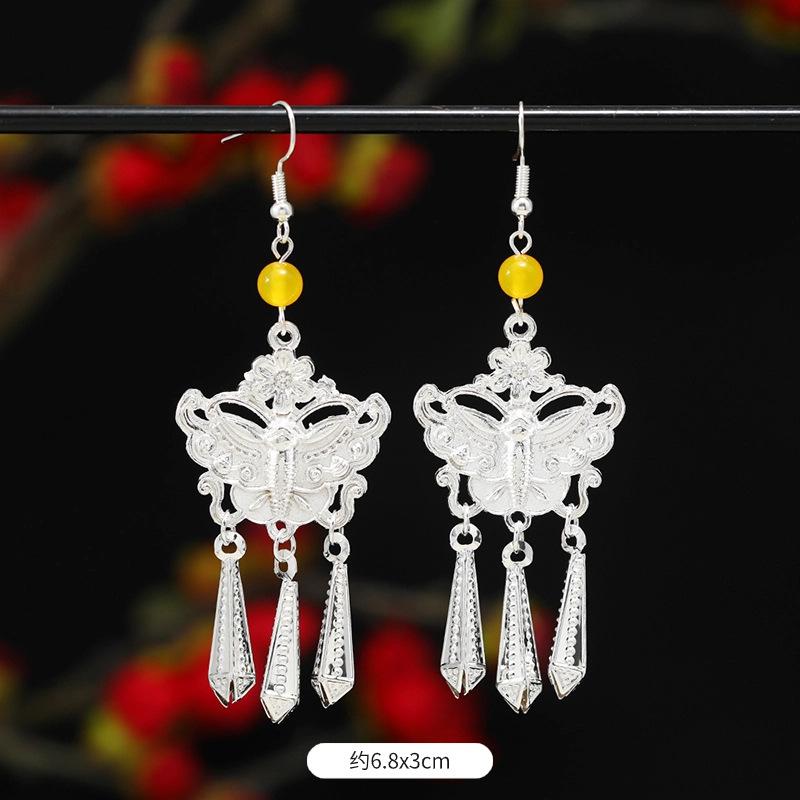 Miao Yin earrings original niche retro Dongling jade earrings long fringed earrings women
