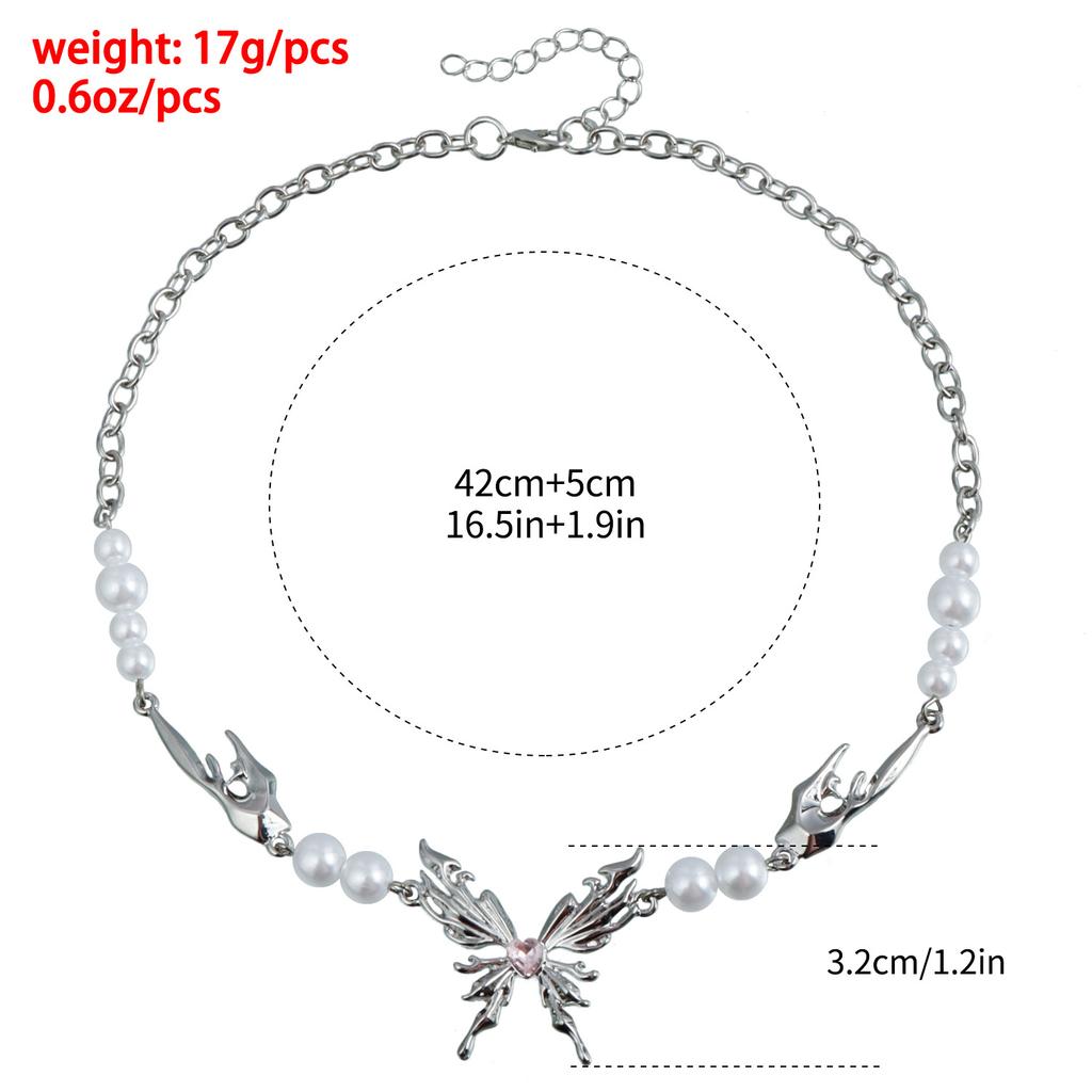 Accessories Butterfly Wings Heart Love Pink Zircon Pearl Necklace Female Collarbone Chain
