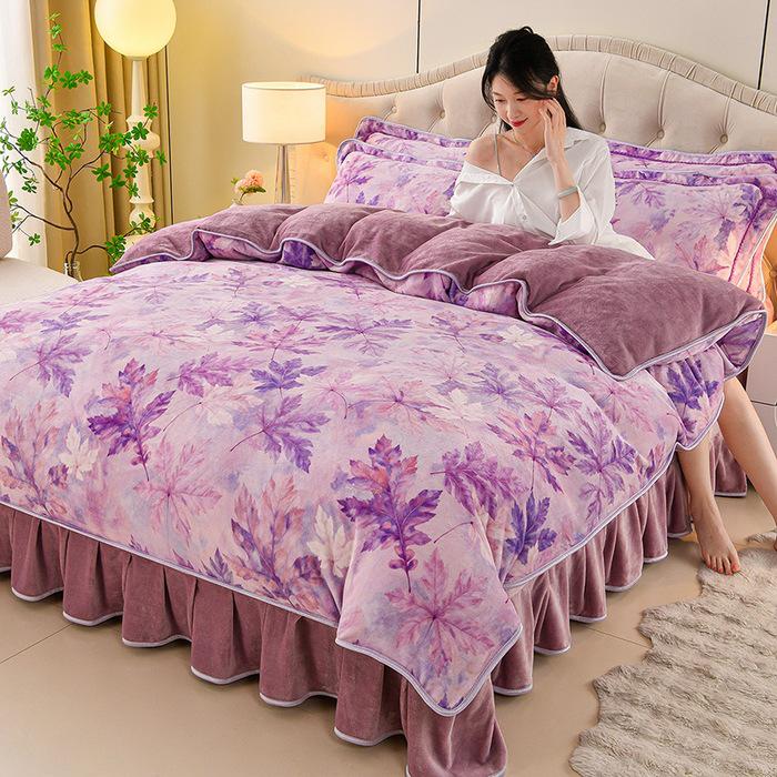 Cozy Flannel 230g Milk Velvet Printed Bed Set with Skirt - New Autumn/Winter Collection, Hot Seller